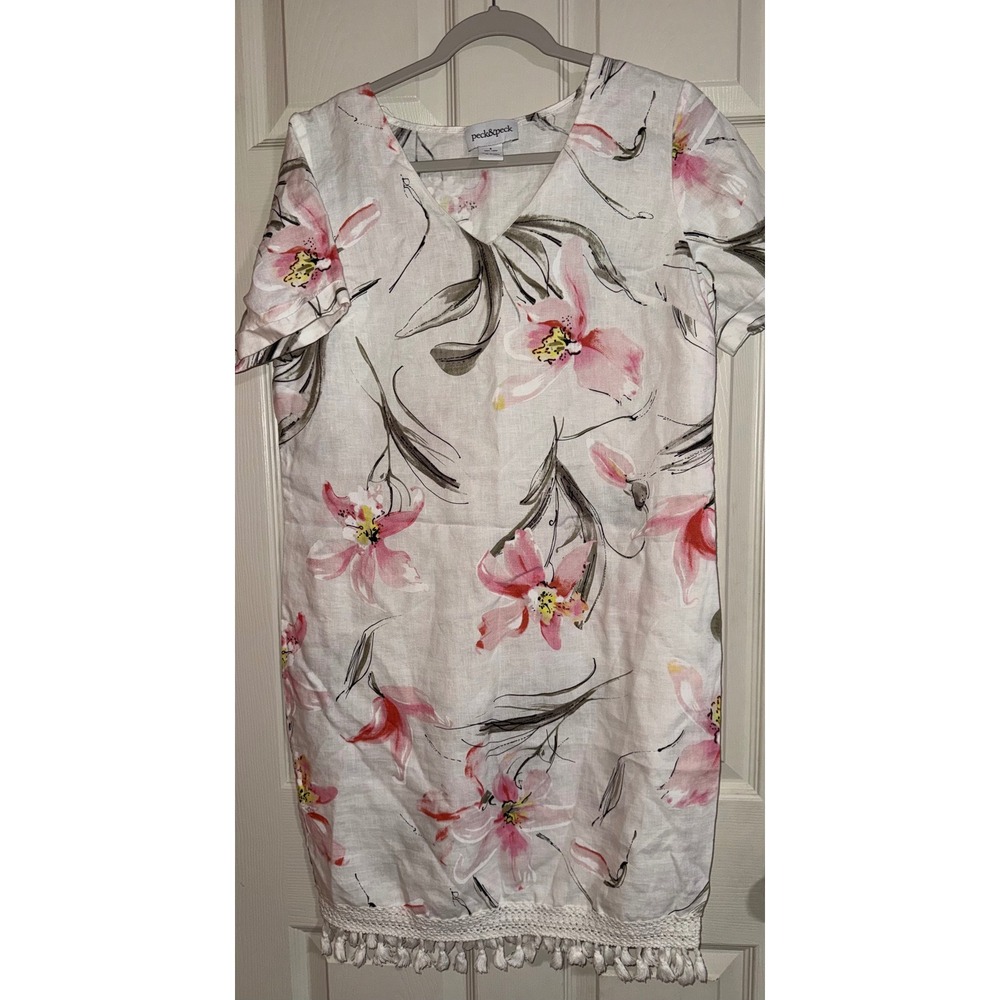 Peck & Peck Womens 100% Linen Floral V-Neck Shift Dress White Pink Tassel Hem S